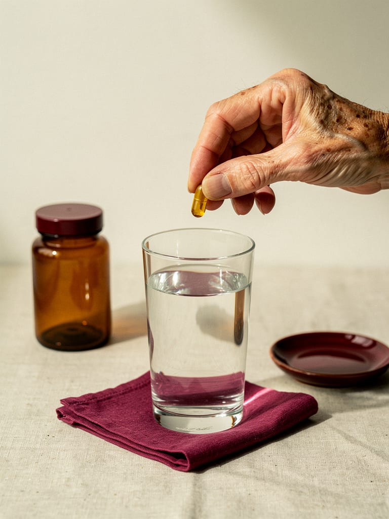 An older hand holding a turmeric capsule beside a glass of water