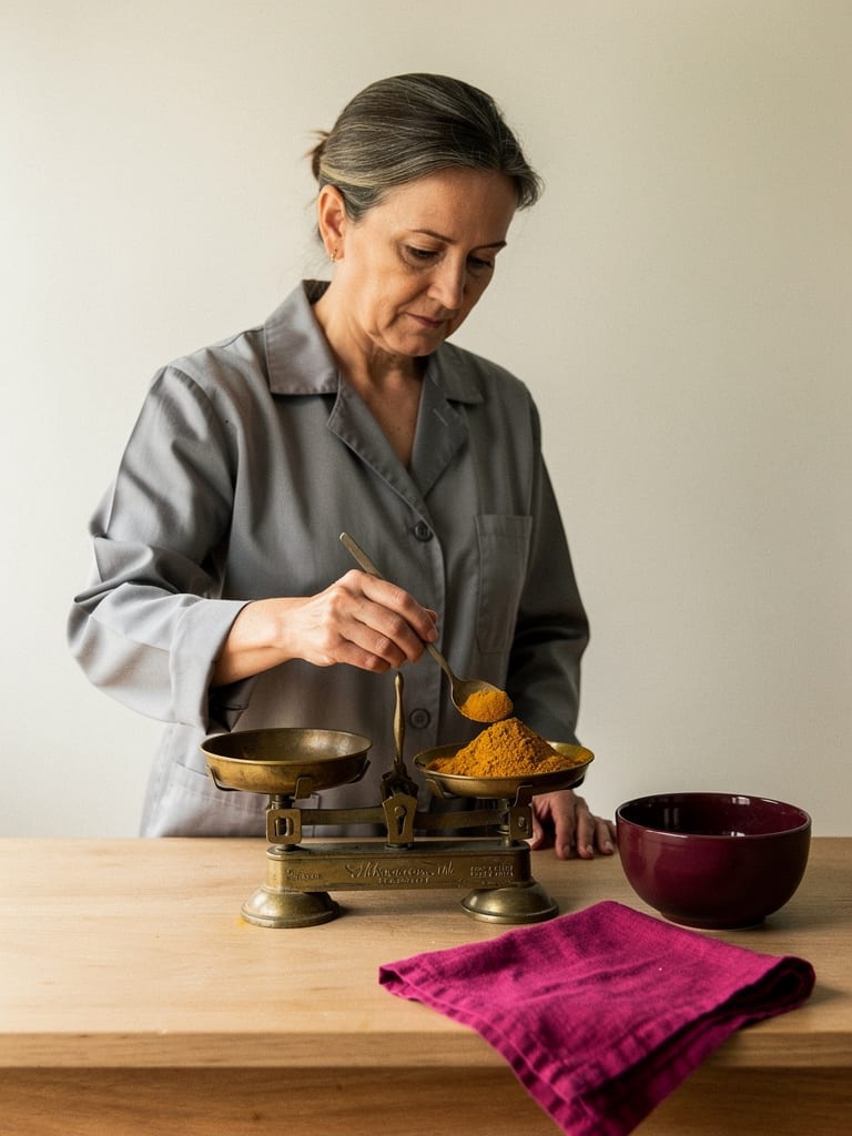A formulator weighing golden turmeric powder on a small brass scale