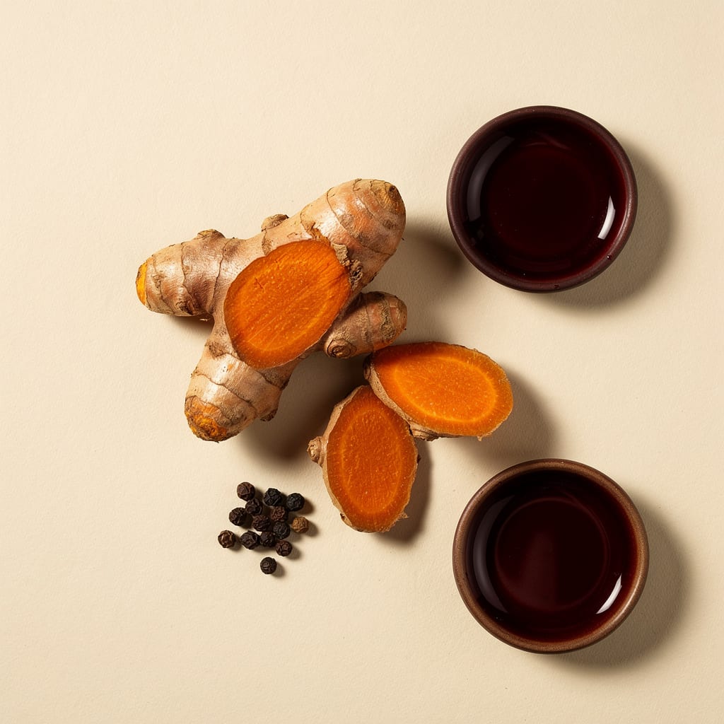 A fresh turmeric root cut open to show its bright orange core