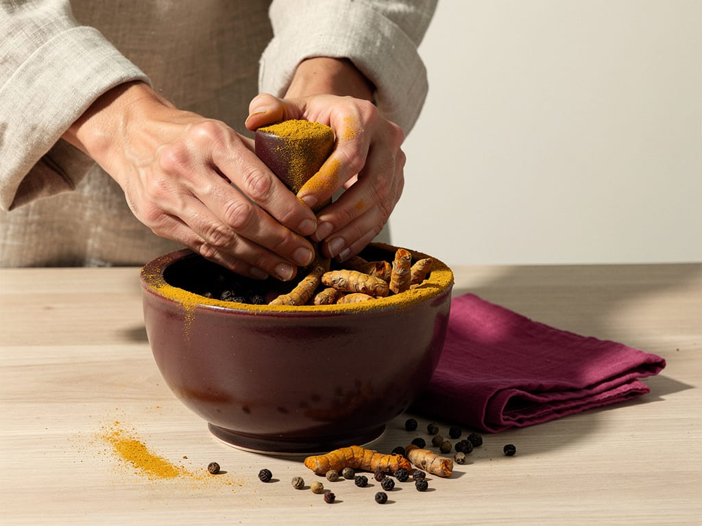 Hands grinding turmeric and black pepper in a ceramic mortar