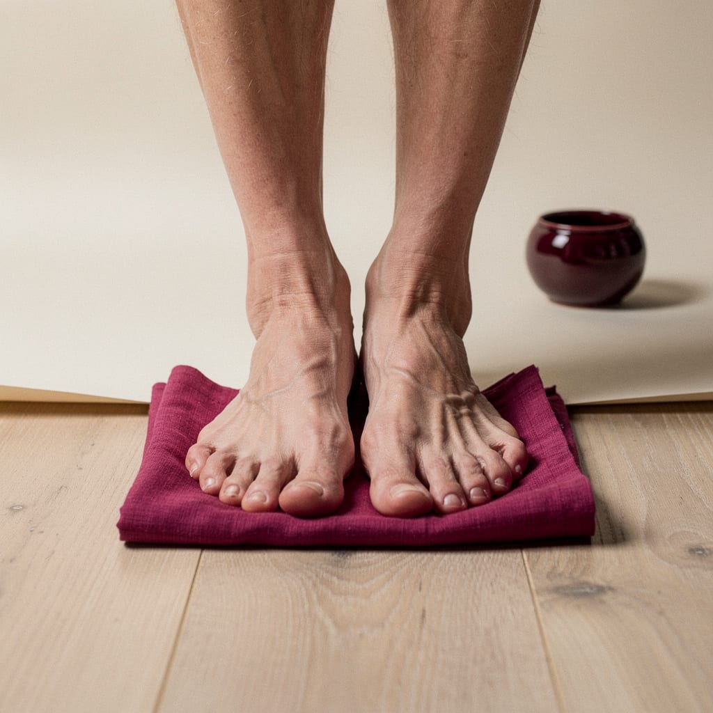 Bare feet of an older person resting on a soft magenta cloth on a wooden floor