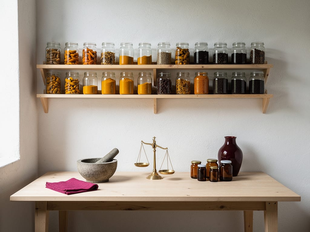 A quiet, orderly workroom with jars of turmeric root and powder on open shelves